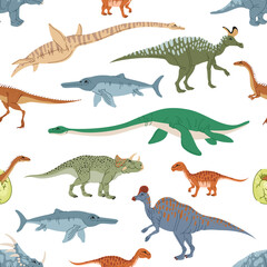 Obraz na płótnie Canvas Cartoon dinosaur characters seamless pattern with cute dino animals and egg. Raptor monsters vector background with funny ichthyosaurus, mussaurus and plesiosaurus, styracosaurus and avaceratops