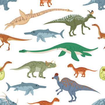 Cartoon dinosaur characters seamless pattern with cute dino animals and egg. Raptor monsters vector background with funny ichthyosaurus, mussaurus and plesiosaurus, styracosaurus and avaceratops