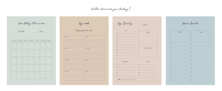 Daily weekly monthly year goals planner. Vector illustration. Minimalist planner template set. 