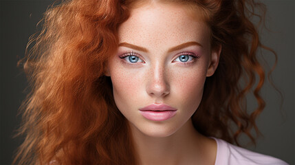 Beautiful red-haired model with sophisticated daytime makeup, close-up. content for beauty salons and fashion magazines.Young red-haired woman with clear skin, freckles and voluminous hair  - obrazy, fototapety, plakaty