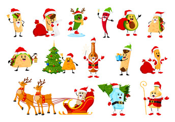 Cartoon christmas tex mex mexican cuisine characters. Vector burrito, chimichanga, jalapeno or chili peppers. Avocado, quesadilla, taco and nachos. Mezcal, tequila, enchiladas, churros or tamales