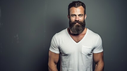 Portrait of a bearded man wearing white T shirt on grey background 