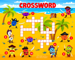 Crossword quiz with cartoon vitamin pirates and corsairs. Vocabulary riddle, crossword puzzle vector worksheet with A, P, C, B9 and H, B5 vitamin filibuster pirate cute personages on treasure island