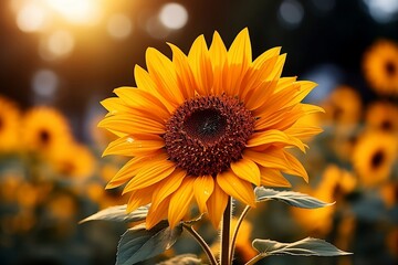 A Sunflower in the middle of a Sunflower Field in the Sun