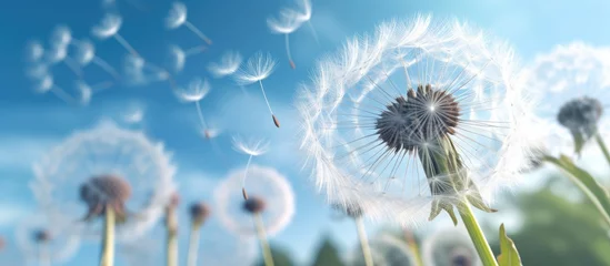 Rolgordijnen Close - up dandelion seeds on a blue sky background with hot sun © Muhammad