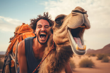 Happy tourist having fun enjoying group camel ride tour in the desert - obrazy, fototapety, plakaty