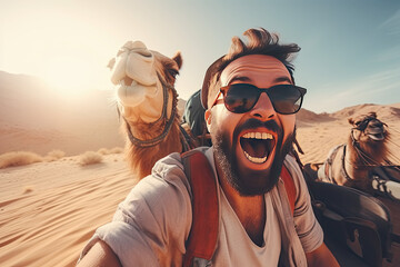 Happy tourist having fun enjoying group camel ride tour in the desert - Powered by Adobe