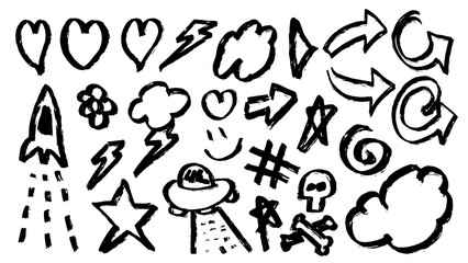 Set of grungy rough detailed brush or charcoal pencil strokes elements. Sketch of arrows, rockets, scribbles, frames, bubbles, heart, skull, star. Freehand ink marker doodle geometric vector figures 