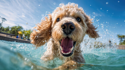 Excited Poodle Dog in pool swimming and playing in the water