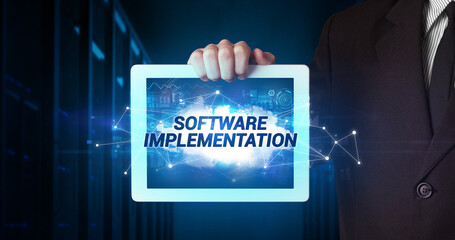Person holding tablet, technology concept