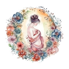 Cartoon watercolor pregnant woman with colorful paint splash on a transparent background