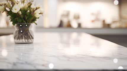 Polished white marble empty countertop close-up, the interior of a high-end jewelry store on a blurred background, ready for showcasing exquisite jewelry products. - obrazy, fototapety, plakaty