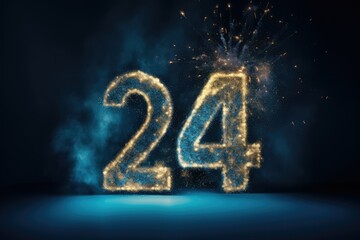 Golden 2024 Numbers, Fireworks, Festive Blue Night