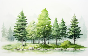 Fototapeta na wymiar Verdant treetops swaying in a delicate forest watercolor painting
