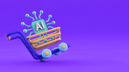 Marketing concept with artificial intelligence, new market research paradigms, business development system with AI. There is a PCB inside a shopping cart on a violet background and space for text.