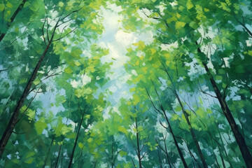 Fototapeta na wymiar Verdant treetops swaying in a delicate forest oil painting