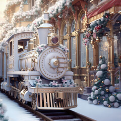 Enchanted Christmas train in winter town with Christmas tree - obrazy, fototapety, plakaty