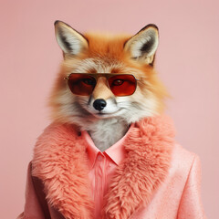 Fashion fox in faux fur jacket. Trendy color of the year 2024 Peach Fuzz