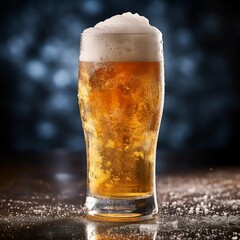 A glass of cold fresh beer with cap of foam. Splash of foam with tasty american beer. Beer day