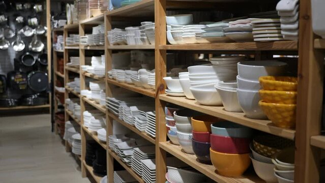  Closeup of variety dishes, bowls and other goods for kitchen at a decor store