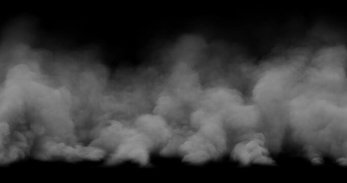 Rising smoke wall VFX for dramatic scene layering. 3D render, seamless loop with separated alpha channel
