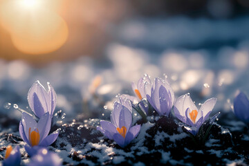 Early blooming crocuses in the snow  