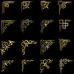 Gold vector illustration of decorative corner frame set. Hand Draw of Corners Different Shapes golden corner frame vintage frame decoration, Gold floral ornaments. 