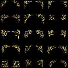 Gold vector illustration of decorative corner frame set. Hand Draw of Corners Different Shapes golden corner frame vintage frame decoration, Gold floral ornaments. 