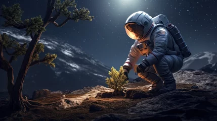 Tuinposter An astronaut plants a tree on moon. Science fiction, Space exploration © Thipphaphone