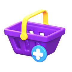 purple shopping basket with plus sign. e commerce 3d icon.