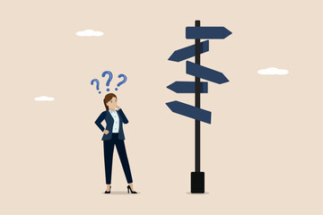 Business decision making, career path, work direction or leadership to choose the right way to success concept, confused businessman manager looking at many road signs and thinking where to go