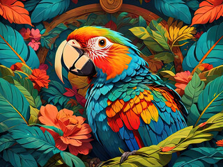 Fototapeta premium brightly colored parrot sitting in a tropical setting with flowers and leaves