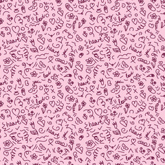 Fototapeta premium Decorative hand drawn shapes. Doodles lines elements, hearts, flowers, words, leaves. Seamless pattern