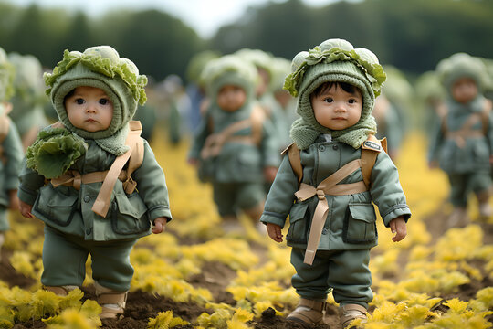Asian baby in cabbage suit in cabbage field generated AI