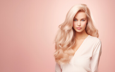 Beautiful young woman with blonde hair, isolated on pastel pink background - Powered by Adobe