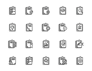 Set of outline icons related to clipboard, checklist, and report. Editable stroke. Outline icons suitable for web, infographics, interface, and apps.