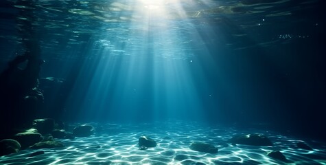 Image of an underwater scene in a deep blue and beautiful sun ray under sea, created with Generative AI technology - obrazy, fototapety, plakaty