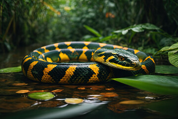 Fototapeta premium a snake that is sitting on a leaf in the water