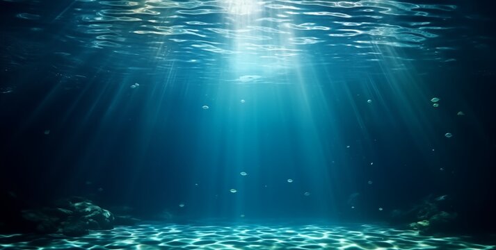 Image of an underwater scene in a deep blue and beautiful sun ray under sea, created with Generative AI technology