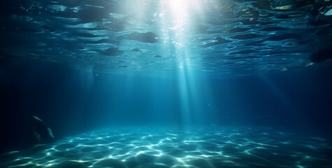 Image of an underwater scene in a deep blue and beautiful sun ray under sea, created with Generative AI technology - obrazy, fototapety, plakaty