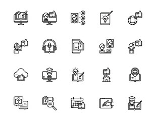 Set of outline icons related to online education. Editable stroke. Outline icons suitable for web, infographics, interface, and apps.