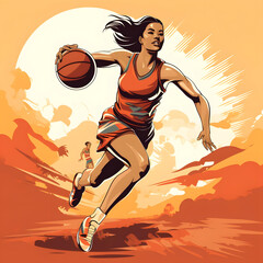 A clipart of a female basketball player dribbling past defenders Generative AI