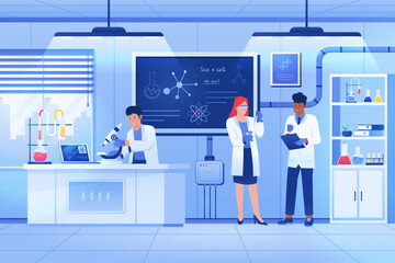 Professional scientists, doctors and chemical researchers. Vector flat illustration - obrazy, fototapety, plakaty