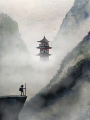 watercolor hand drawn painting landscape of the climber man and pagoda mountain in the fog. Traditional oriental. asia art style.	 - 691252711
