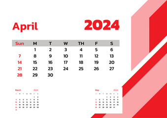 April 2024 Calendar. Week start on Sunday. Desk calendar 2024 design, simple and clean design, Wall...