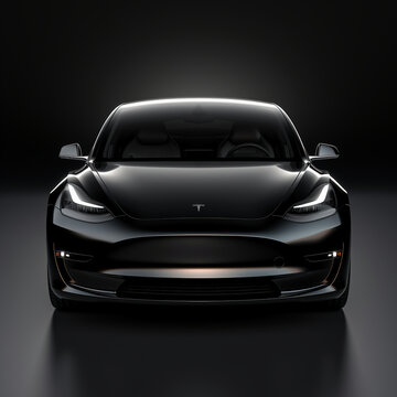 Ontario, California(USA) Dec. 10, 2023: Eye-catching Abstract AI-created illustration of a 2023 Tesla Model 3 electric car's front end, featuring a shiny jet-black exterior.