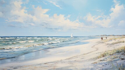 Fototapeta na wymiar Tranquil Coastal Serenity: Soft Dawn/Dusk Colors and a Lone Sailboat