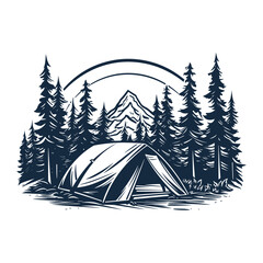 Tent in a forest woodcut style drawing vector illustration