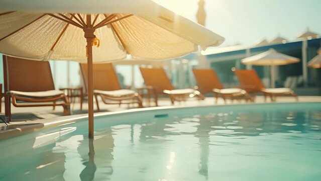 Closeup of a shimmering swimming pool on the cruise ship, with lounge chairs and umbrellas arranged around it for ultimate relaxation.
