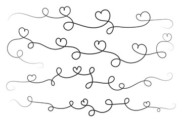 hand-drawn thin line heart swirl ornate, wavy line decorative hearts, calligraphy heart swirl Flourish ornament, outline doodle love Valentine Day design elements, continuous line swirl hearts